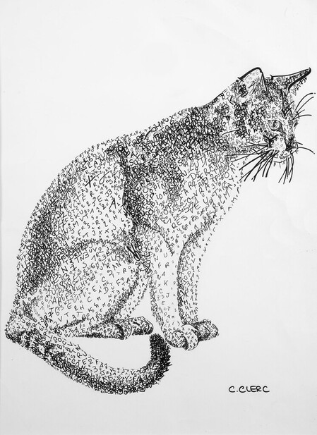 "Chat Comptable" Encre de chine sur papier de cr&eacute;ation 250 gr. 40 x 60 cm - VENDU -